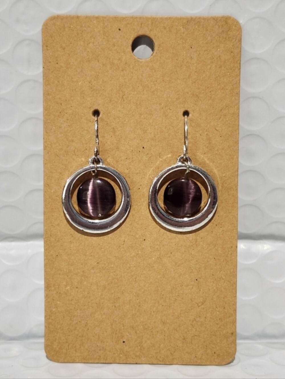 Silver Hoop Drop Earrings with Purple Stones